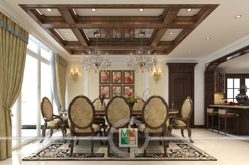 Thiết kế nội thất cho phòng ăn chung cư với bộ bàn ăn tân cổ điển màu vàng ánh kim sáng bóng.